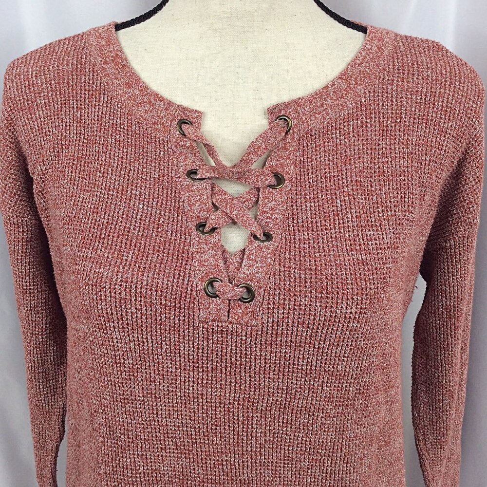 Natural Reflections Lace Up Neck Ribbed Sweater Women's Size Small Rust Red - Picture 5 of 8